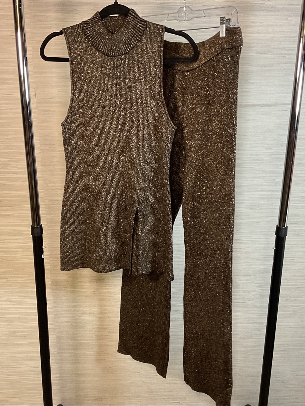 House of Harlow 1960 Sleeveless Metallic Brown Knit Top & Wide-Leg Pants Set Lg